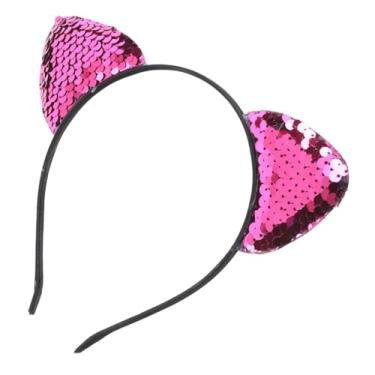 Imagem de Luqeeg Tiara de Orelha de Gato Com Lantejoulas, Argola Decorativa Brilhante para Cabelo de Gatinho para Festa Feminina, Natal, Halloween, Material de Ferro, 12,5 X 14 Cm, 1 Peça (Rosa Vermelha)