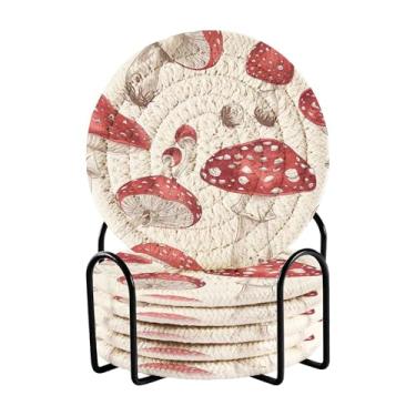 Imagem de SEHANY Conjunto de 6 porta-copos de cogumelos florestais com suporte, porta-copos redondos absorventes de algodão resistente ao calor para mesa de jantar, canecas de café, 10 cm