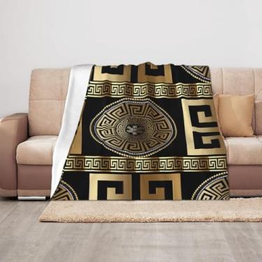 Imagem de Cobertor de luxo retrô preto dourado grego para decoração de quarto cobertores de flanela para quarto e salas de estar quentes todas as estações 127 x 101 cm