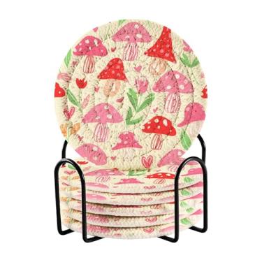 Imagem de SEHANY Conjunto de 6 porta-copos de cogumelos florestais com suporte, porta-copos redondos absorventes de algodão resistente ao calor para mesa de jantar, canecas de café, 10 cm