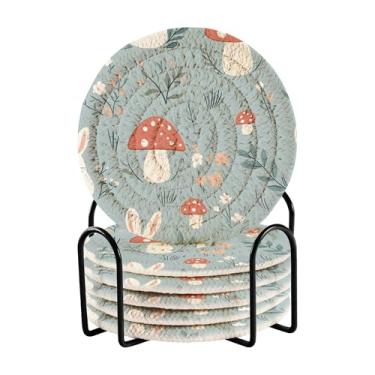 Imagem de SEHANY Conjunto de 6 porta-copos de cogumelos florestais com suporte, porta-copos redondos absorventes de algodão resistente ao calor para mesa de jantar, canecas de café, 10 cm