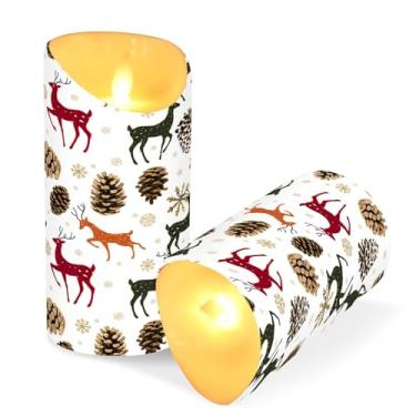Imagem de ATTX Pacote com 2 velas de renas de pinheiro de inverno sem chama – Velas de pilar de LED de 7,6 cm x 15 cm com controle remoto e temporizador para casa, casamento, decoração de acampamento #434