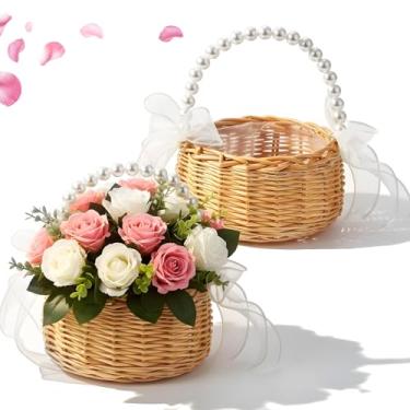 Imagem de Conjunto de 2 cestas de florista, cesta de vime pequena com alça, alça de pérola e laço de fita para decoração de casamento