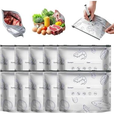 Imagem de 10 sacos de armazenamento reutilizáveis de folha de alumínio seláveis, bolsas de zíper a vácuo para alimentos, sacos seláveis com etiqueta e fecho de zíper para carne de frutas e vegetais