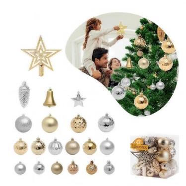 Imagem de Kit Completo 45 Peças para Árvore de Natal Inclui Estrela, Pinhas, Sinos e Bolas 3 Tamanhos Decoração com Brilho e Glitter,para Casa e Festas(Champanhe Dourado e Prateado)