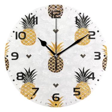 Imagem de JUZIHAI Relógio de parede de abacaxi silencioso, sem tique-taque, relógios de parede redondos operados por bateria, fácil de ler, relógio decorativo de parede para casa, cozinha, sala de estar, quarto