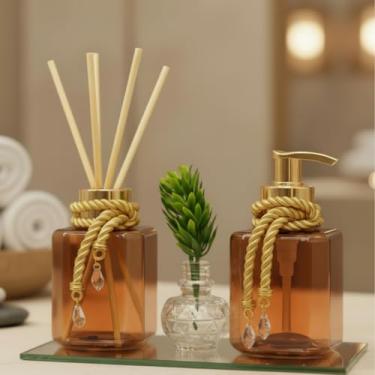Imagem de Kit Lavabo com Frascos Cubo 300ml – Aromatizador, Saboneteira, Bandeja e Vaso Decorativo para Banheiro(Ambar)