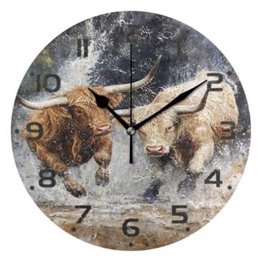 Imagem de JUZIHAI Relógio de parede Highland Cows Fighting, silencioso, sem tique-taque, redondo, operado por bateria, fácil de ler, relógio decorativo de parede para casa, cozinha, sala de estar, quarto
