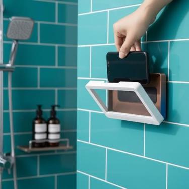 Imagem de SUPORTE IMPERMEÁVEL CAPA PROTETORA PARA CELULAR FIXAÇÃO BANHEIRO E LAVANDERIA À PROVA DÁGUA COM TAMPA E SUPORTE ADESIVO