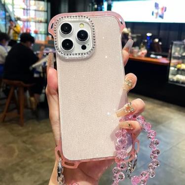 Imagem de HTVJFX Capa ultrafina com glitter transparente e pulseira para iPhone 16 Pro Max, sem moldura (para iPhone 16 Pro Max/rosa)