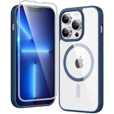Imagem de FNTCASE Capa para iPhone 13 Pro: capas de telefone magnéticas transparentes protetoras antiamarelamento fina fina transparente grau militar à prova de choque proteção contra quedas (D-azul)