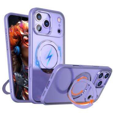 Imagem de SFDSUH Capa de celular dobrável com suporte magnético giratório de luxo para iPhone 16e, protetor de lente e capa de acrílico transparente (para iPhone 16e/roxo lilás)