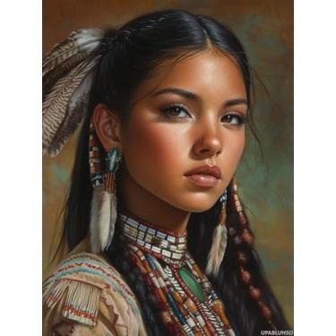 Imagem de UPABLUNSO DIY Kits de perfuração redonda completa para mulheres indígenas americanas, pintura de diamante, arte de mosaico para adultos, decoração de parede para casa, presente de festival, 30,5 x