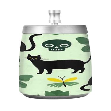Imagem de Qilmy Cinzeiro de aço inoxidável com tampa para gatos e caveiras - Cinzeiro de cigarro à prova de vento sem cheiro sem fumaça para casa, escritório, carro, pátio, varanda (uso interno e externo)