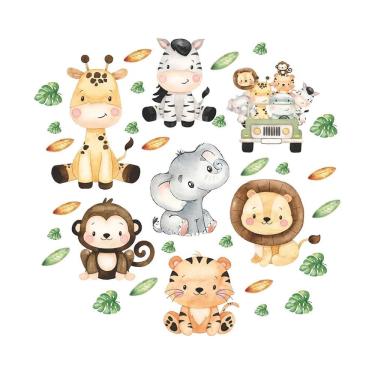 Imagem de Adesivo Parede Safari Infantil Animais Floresta + Jipe Colorido