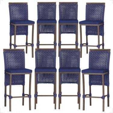 Imagem de 8 Banqueta Em Alumínio Roma Marrom Corda Náutica Tecido 10 Azul Unico