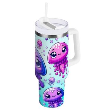 Imagem de Copo de água com isolamento duplo roxo fofo água-viva com canudo e alça, copo de água isolado 850 g / 0,89 L