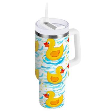 Imagem de ODAWA Copos de copo com isolamento branco grande Yellow Ducks Waves com alça e tampa de palha, copo com isolamento duplo com tampa 2 em 1
