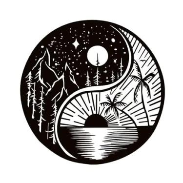 Imagem de Arte de parede minimalista sol lua coqueiro, pintura moderna de folha de flandres de cena de praia para paredes internas e externas (preto)