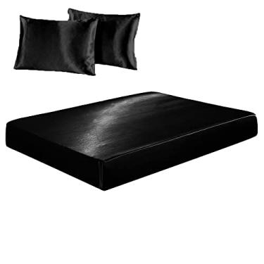 Imagem de Confecções Elba, Jogo Lençol Com Elástico e Fronha Cetim Seda Alto Brilho Cor:Preto;Tamanho:Queen