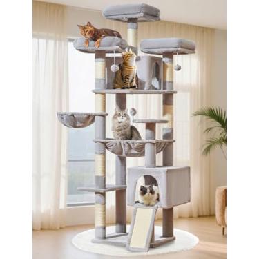 Imagem de Taoqimiao Árvore para gatos de 196 cm com postes para arranhar, torre de gato 2GG para gatos grandes com tábua de arranhar, rede de metal extragrande, 3 poleiros, 2 condomínios grandes, cesta suspensa
