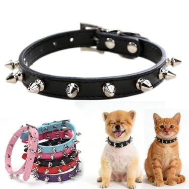 Imagem de Coleiras pontiagudas para cães pequenos, coleira de gato com ponta de rebite de couro sintético para filhotes de cachorro PP de raça pequena meninos machos chihuahua, preta PP