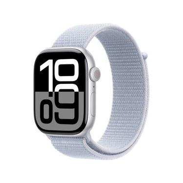 Imagem de Apple Watch Series 10 (GPS + Cellular 46 mm) Caixa de Alumínio Prateada, Pulseira Loop Esportiva Nuvem Azul