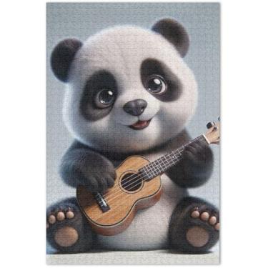 Imagem de Quebra-cabeça de urso ukulele panda adulto 500 peças de arte de brinquedo de arte de inverno quebra-cabeças engraçados presentes de jogo de quebra-cabeça 50,5 x 14,9 polegadas