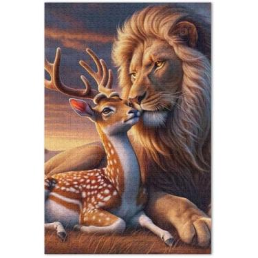 Imagem de Quebra-cabeça de leão beijo veado fofo adulto 500 peças Engraçado grande quebra-cabeça arte decoração pintura, 51 x 37 centímetros