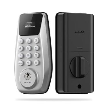 Imagem de DESLOC Fechadura de porta de entrada sem chave C100 com tela, fechadura de teclado com tela, trava automática, 100 códigos PIN, modo de passagem, IP54, bateria de 12 meses, prata BHMA grau 3