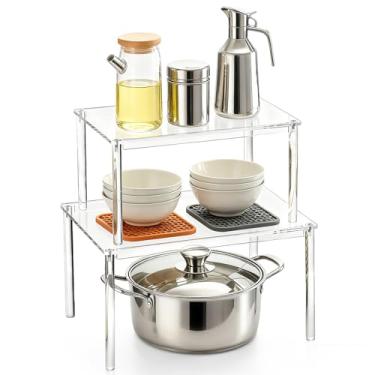 Imagem de Organizador de armário de acrílico, 2 peças de organizador de prateleira de cozinha, prateleiras empilháveis de mesa para especiarias, latas de refrigerante e garrafas, prateleira de armazenamento de