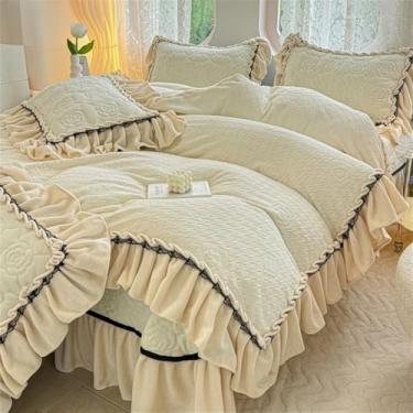 Imagem de Conjunto de cama de inverno em veludo de leite entalhado com babados, saia de cama, capa de edredom grossa e quente, bege, tamanho queen (200x230cm).
