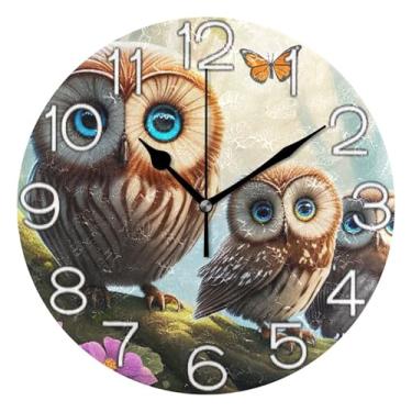Imagem de GAIGEO Relógio de parede analógico decorativo para sala de aula, relógio de escritório, redondo, sem tique-taque, silencioso, retrô, moderno, art déco, decoração de parede, corujas fofas, flor floral