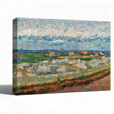 Imagem de Arte de parede em tela, pintura a óleo de paisagem de primavera, imagem colorida de campos e aldeia para sala de estar, quarto, escritório, arte em tela de fazenda rural, 20 x 25 cm