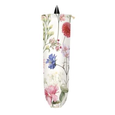 Imagem de Aquarela com muitas flores bonitas, 2 unidades, dispensador de sacolas de supermercado, protetor de saco para sacolas plásticas, suporte de saco de cozinha