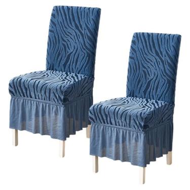 Imagem de Pacote com 2 capas de cadeira elásticas para sala de jantar, tecido jacquard listrado, capa protetora removível e lavável com saia de babados para cozinha, banquete, decoração de casamento, azul lago
