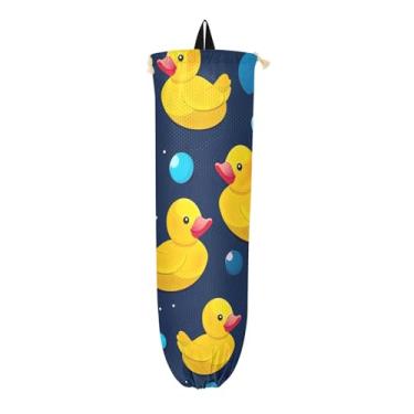 Imagem de Muitos patos de borracha em um suporte de sacola de mercearia azul, bolsa organizadora de parede, protetor de sacola de compras de plástico