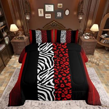 Imagem de Castle Fairy Conjunto de edredom infantil com estampa de animais de leopardo, zebra e leopardo, para decoração de quarto, de microfibra escovada, vermelho ombré, preto, macio