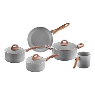 Imagem de Conjunto de Panelas Antiaderentes com Cabo de Madeira, 5 Peças, Cinza Granito, Utensílios de Cozinha