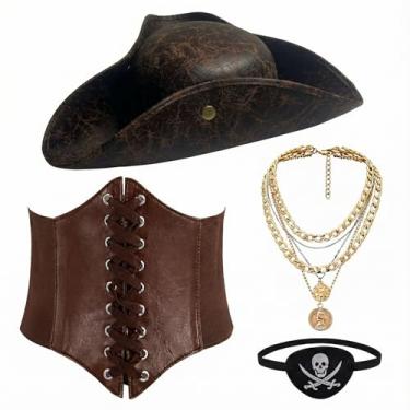 Imagem de Maiteenly 4 peças fantasia de pirata tricórnio marrom chapéu pirata espartilho cinto colar caveira e tapa-olhos para adultos mulheres homens cosplay e vestido (GG)