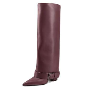 Imagem de GPXGPX Botas de cano alto femininas dobráveis, salto alto grosso, panturrilha, bico fino, fivela de cinto, bota longa para mulheres, Borgonha, 37