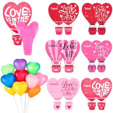 Imagem de Soulchen Pacote com 50 balões coloridos em forma de coração de 25 cm com cartões de dia dos namorados em forma de balão de ar quente, cartões de presente Love Is in the Air para Dia dos Namorados