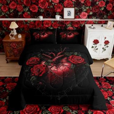 Imagem de Manfei Jogo de cama queen com rosa vermelha, estilo romântico, microfibra super macia para adultos, masculino, conjunto de edredom decorativo, feliz dia dos namorados, 3 peças