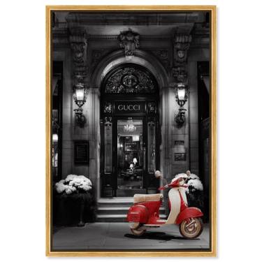 Imagem de Decoração de parede de viagem com impressão em tela Scooter at the Store por Art Remedy, moldura dourada, 25 x 38 cm