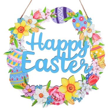 Imagem de Decoração de porta de Páscoa, guirlanda de ovo de flor de primavera de madeira para porta da frente, Happy Easter Wall Window Hanger Indoor Outdoor Home Spring Hanging Decor