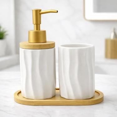 Imagem de Kit Banheiro Lavabo em Cerâmica com Dispenser para Sabonete Líquido e Porta Escova de Dente Decorativo(WATTERFALL BRANCO)