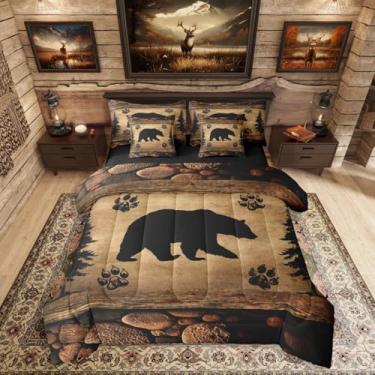 Imagem de Erosebridal Conjunto de edredom de urso com lençol casal, vintage, chalé, camarote rústica, urso, animais selvagens, para homens, adultos, quarto rústico