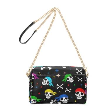 Imagem de Crânios de desenho animado colorido verde bolsa feminina bolsa transversal alça de couro PU bolsa de ombro bolsa para celular