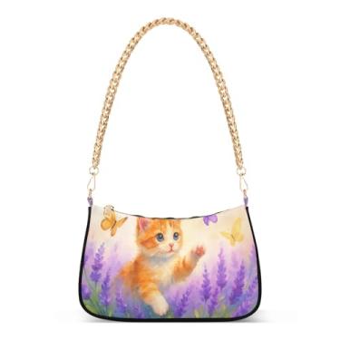 Imagem de Linda bolsa de ombro com corrente roxa de gato de desenho animado, estampa artística Hobo para mulheres, bolsa de mão casual para uso diário e festa