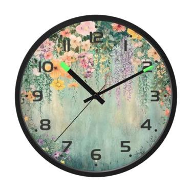 Imagem de SEHANY Relógio de parede vintage com flores de videira silencioso, sem tique-taque, relógio redondo operado por bateria, controle de som, luz noturna, relógios de parede para sala de estar, cozinha